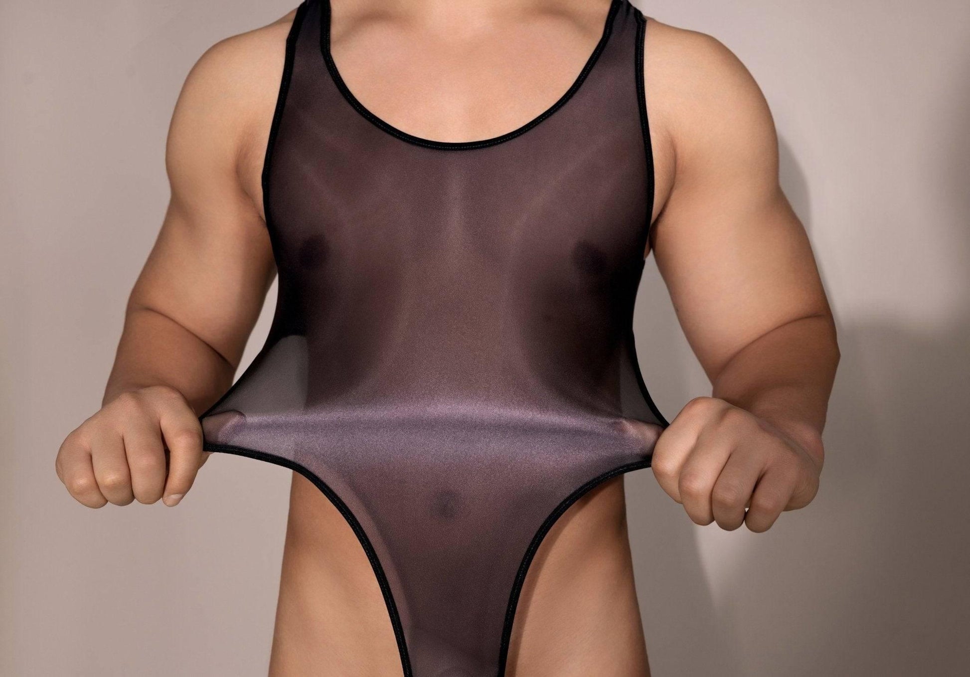 Men’s nylon Bodysuit Wrestling See Through Singlet with pouch design Sissy Mankini Sheer Leotard Backless Vest Sleeveless One Piece Singlet gay big bulge butt