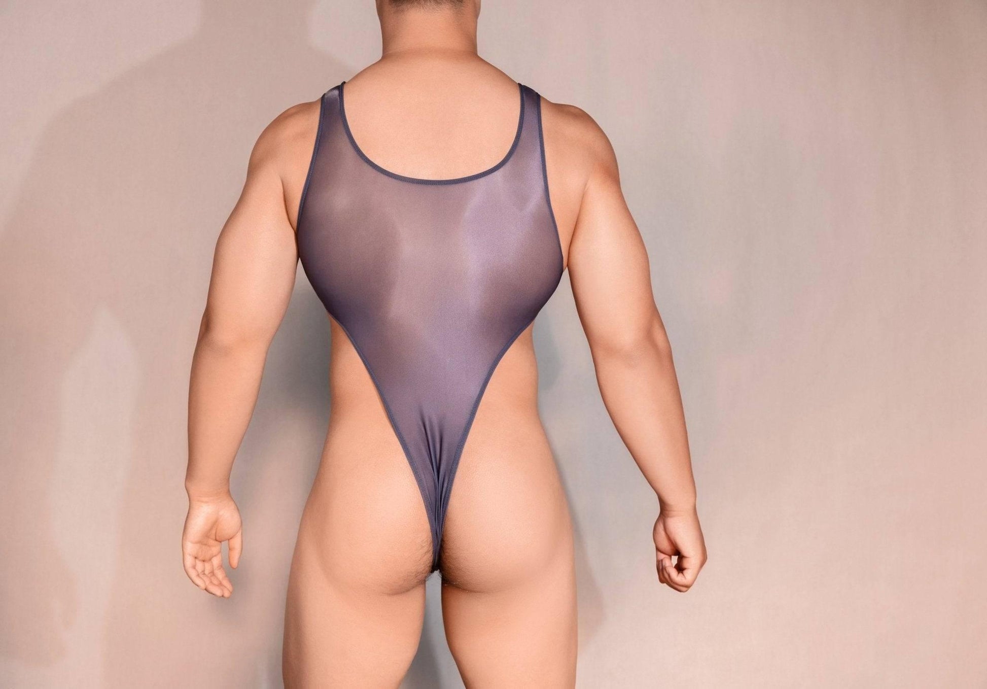 Men’s nylon Bodysuit Wrestling See Through Singlet with pouch design Sissy Mankini Sheer Leotard Backless Vest Sleeveless One Piece Singlet gay big bulge butt