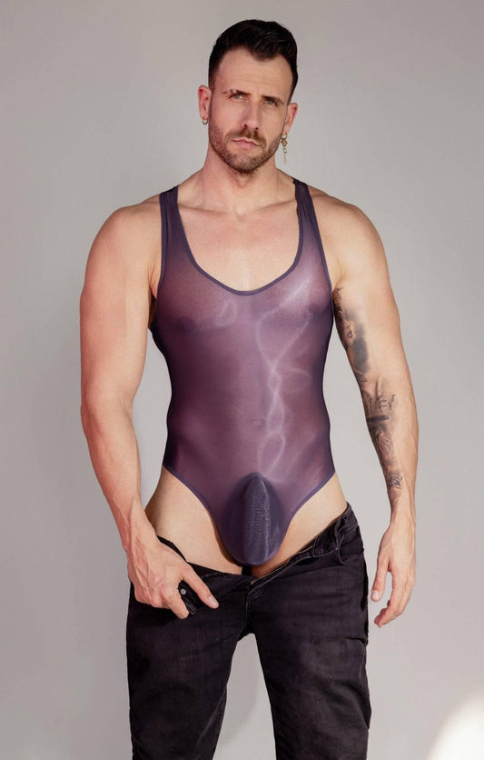 seductive Men’s nylon Bodysuit Wrestling See Through Singlet with pouch design Sissy Mankini Sheer Leotard Backless Vest Sleeveless One Piece Singlet gay big bulge dilf in leotard cross dressing men