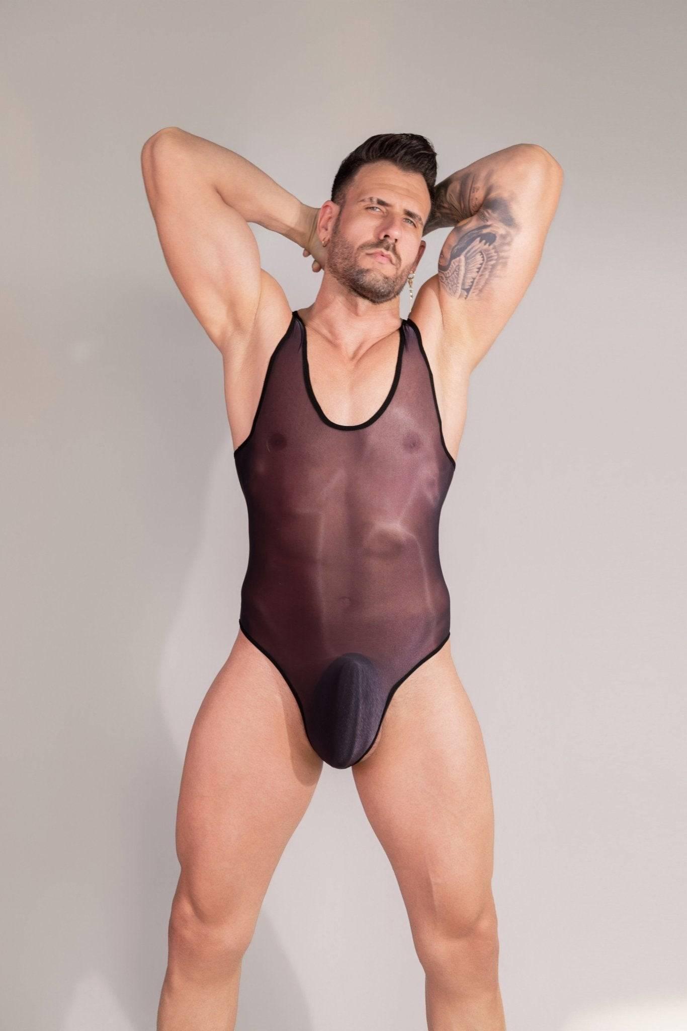 seductive Men’s nylon Bodysuit Wrestling See Through Singlet with pouch design Sissy Mankini Sheer Leotard Backless Vest Sleeveless One Piece Singlet gay big bulge dilf in leotard cross dressing men big ass see through butt high cut