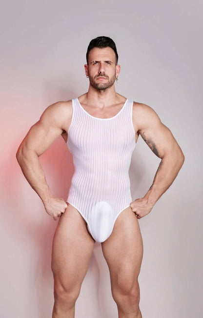 Men’s nylon Bodysuit Wrestling See Through Singlet with pouch design Sissy Mankini Sheer Leotard Backless Vest Sleeveless One Piece Singlet