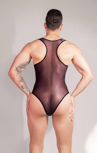 seductive Men’s nylon Bodysuit Wrestling See Through Singlet with pouch design Sissy Mankini Sheer Leotard Backless Vest Sleeveless One Piece Singlet gay big bulge dilf in leotard cross dressing men big ass see through butt high cut