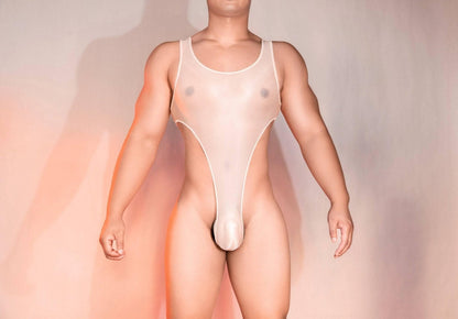 Men’s nylon Bodysuit Wrestling See Through Singlet with pouch design Sissy Mankini Sheer Leotard Backless Vest Sleeveless One Piece Singlet gay big bulge butt