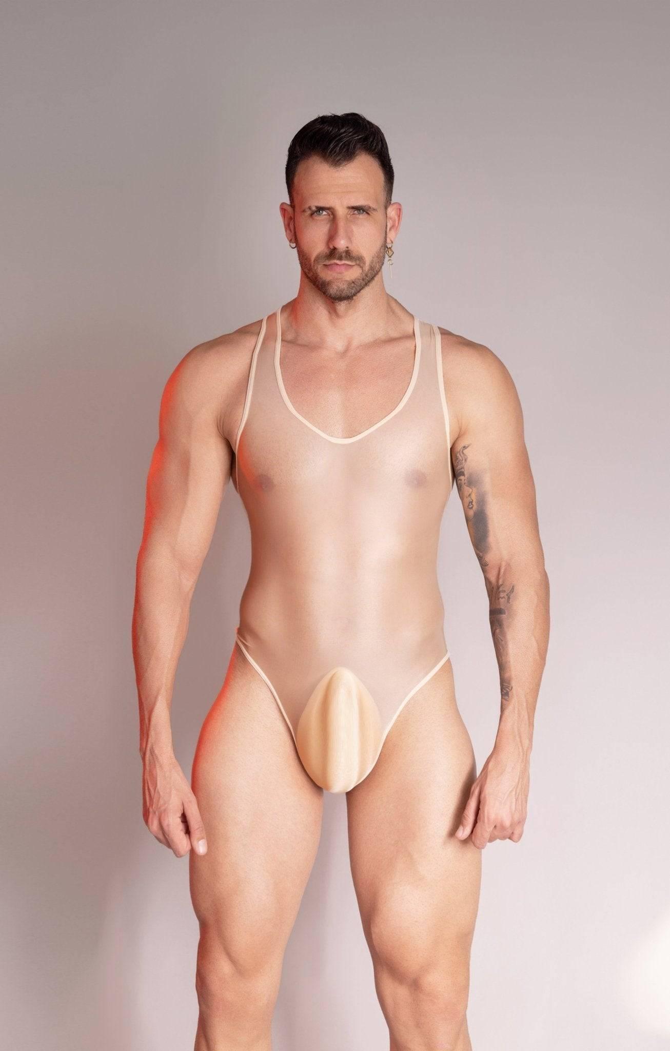 seductive Men’s nylon Bodysuit Wrestling See Through Singlet with pouch design Sissy Mankini Sheer Leotard Backless Vest Sleeveless One Piece Singlet gay big bulge dilf in leotard cross dressing men big ass see through butt high cut