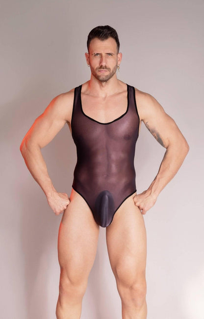 seductive Men’s nylon Bodysuit Wrestling See Through Singlet with pouch design Sissy Mankini Sheer Leotard Backless Vest Sleeveless One Piece Singlet gay big bulge dilf in leotard cross dressing men big ass see through butt high cut