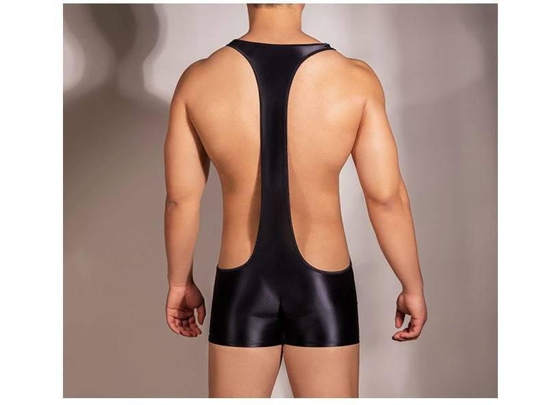 Sexy men comfortable bodysuit nightwear sleepwear fancy dress romper jumpsuit costume. wrestling silky pouch