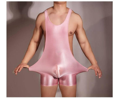 Sexy men comfortable bodysuit nightwear sleepwear fancy dress romper jumpsuit costume. wrestling silky pouch