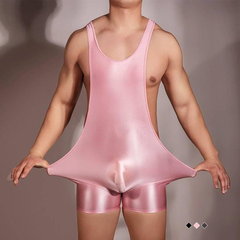 Sexy men comfortable bodysuit nightwear sleepwear fancy dress romper jumpsuit costume. wrestling silky pouch