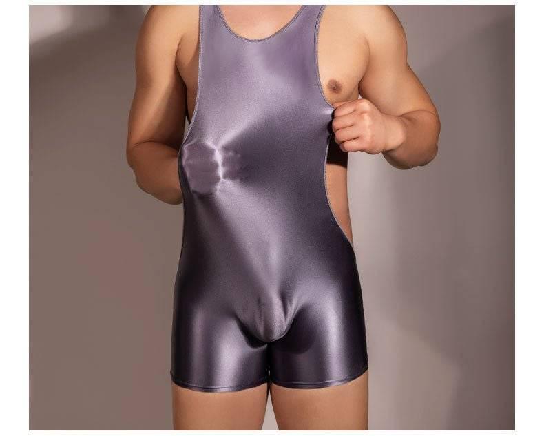 Sexy men comfortable bodysuit nightwear sleepwear fancy dress romper jumpsuit costume. wrestling silky pouch