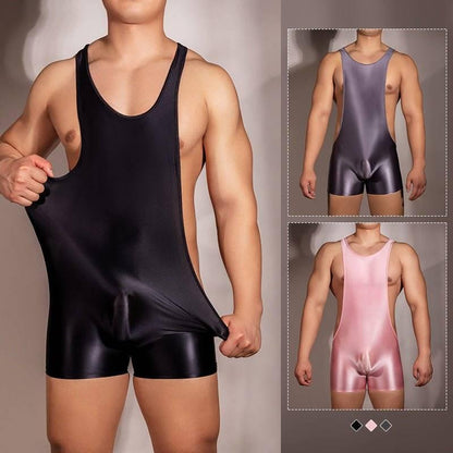 Sexy men comfortable bodysuit nightwear sleepwear fancy dress romper jumpsuit costume. wrestling silky pouch