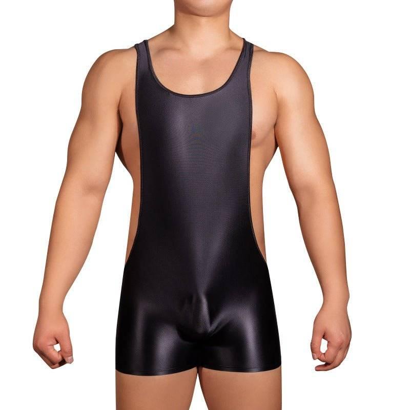 Sexy men comfortable bodysuit nightwear sleepwear fancy dress romper jumpsuit costume. wrestling silky pouch