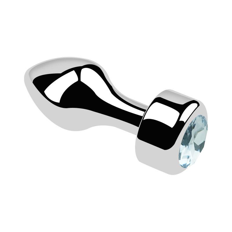 Metal butt plug with light blue gem and bullet head