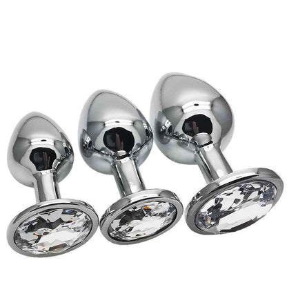 Metal butt plug kit with clear gems, sizes S, M, L