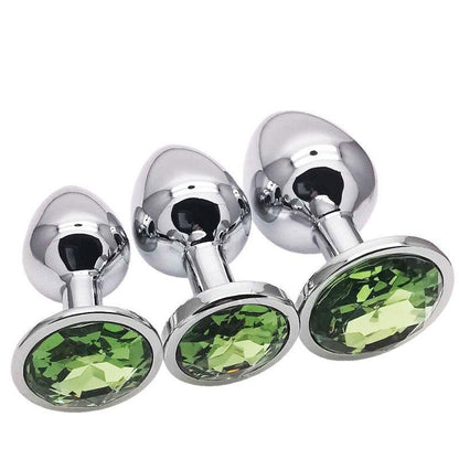 Metal butt plug kit with light green gems, sizes S, M, L