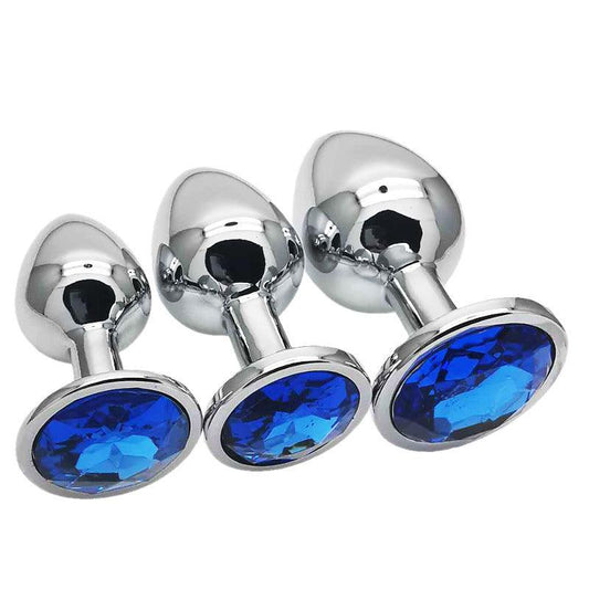 Metal butt plug kit with blue gems, sizes S, M, L