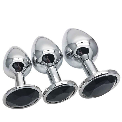 Metal butt plug kit with black gems, sizes S, M, L