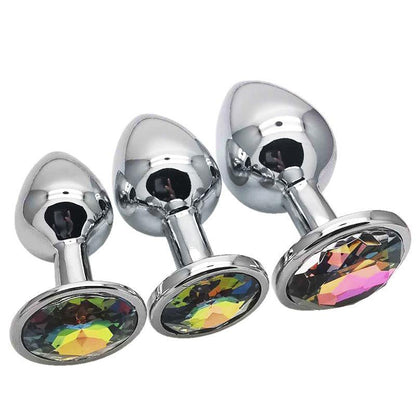 Metal butt plug kit with multicolor gems, sizes S, M, L