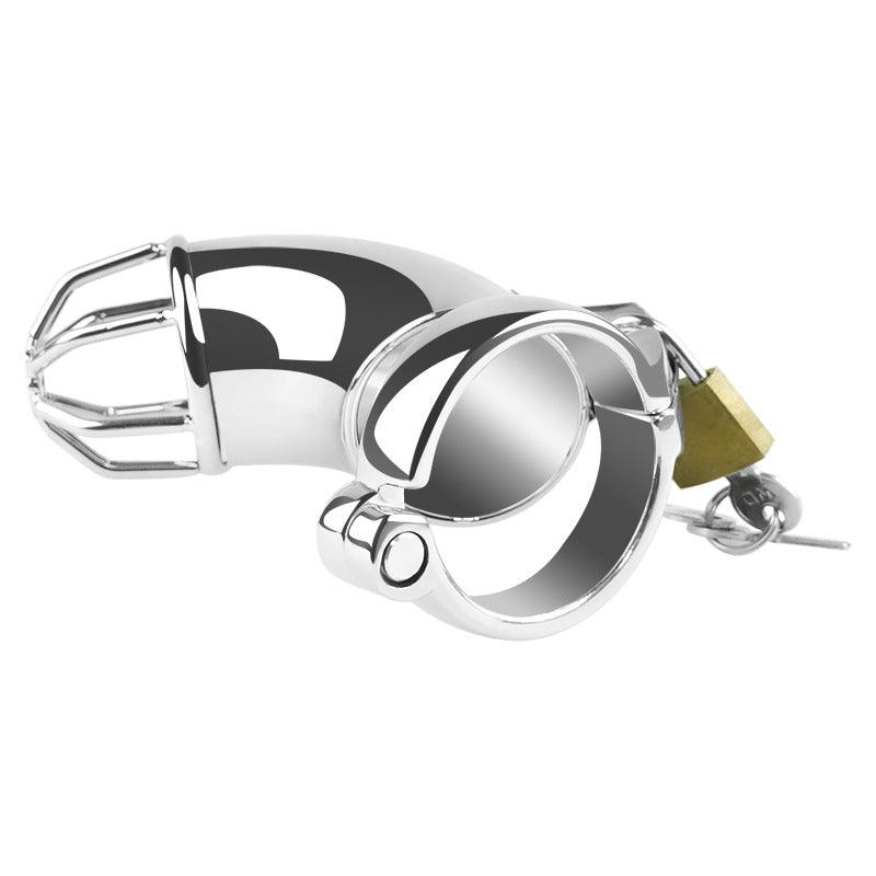 Side view of metal chastity cage with padlock