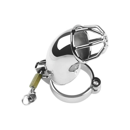 Front view of metal chastity cage with lock