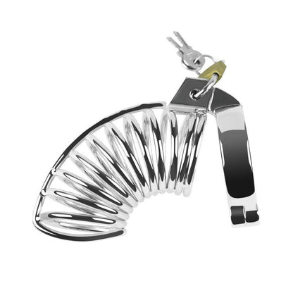 Metal chastity cage with padlock, side view