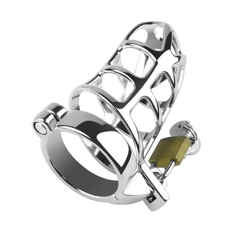 Metal chastity cage with padlock, top angle