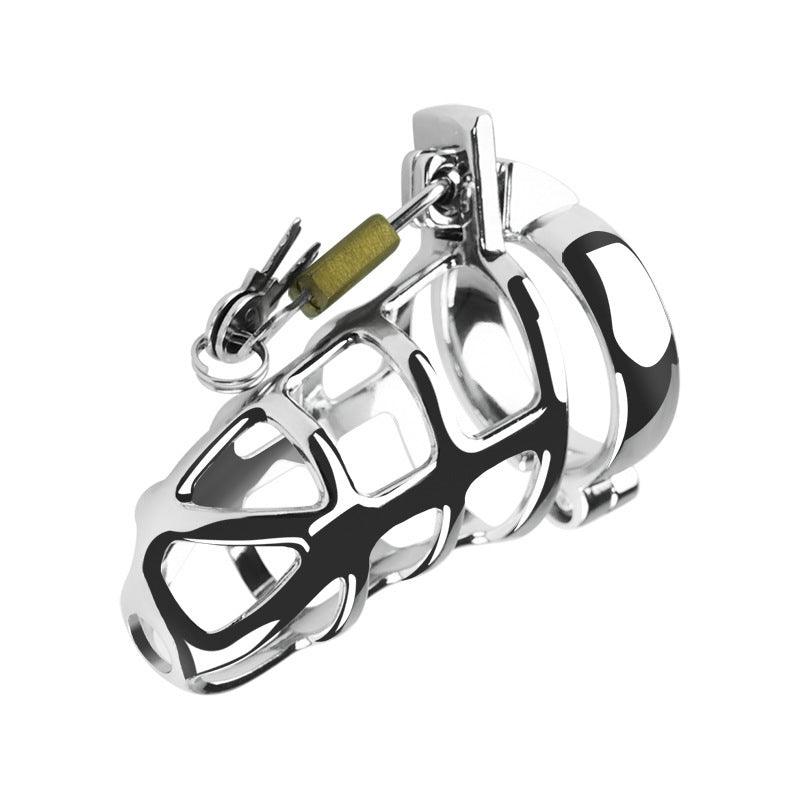 Metal chastity cage with padlock, side view