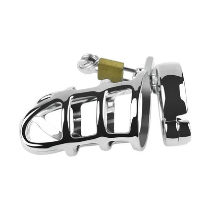 Metal chastity cage with padlock, side profile