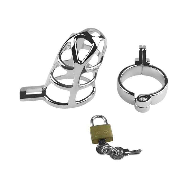 Disassembled metal chastity cage with padlock and keys