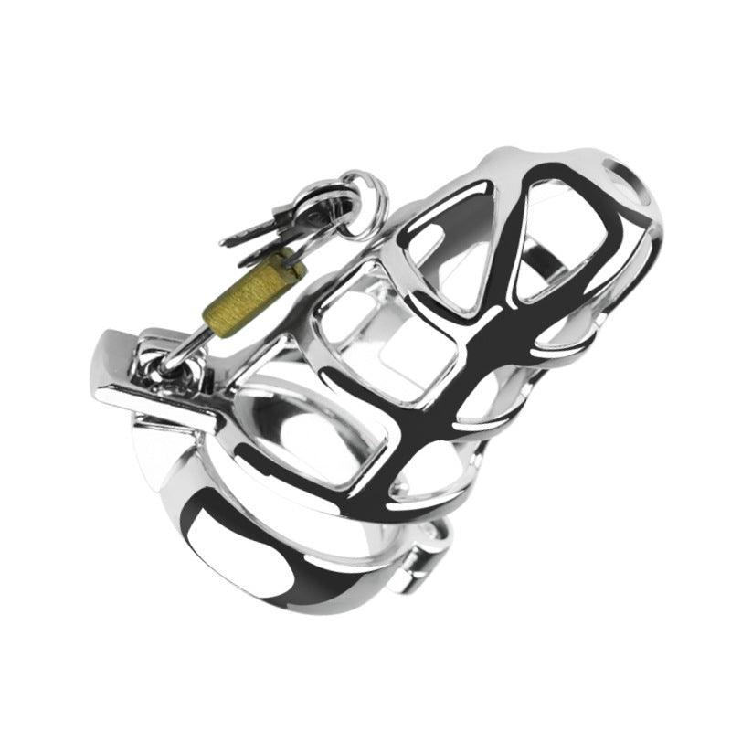 Metal chastity cage with padlock, angled view