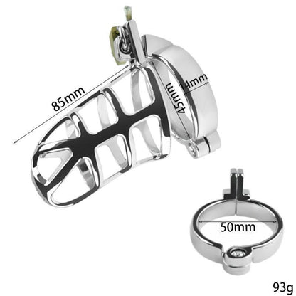 Metal chastity cage with 50mm ring, dimensions