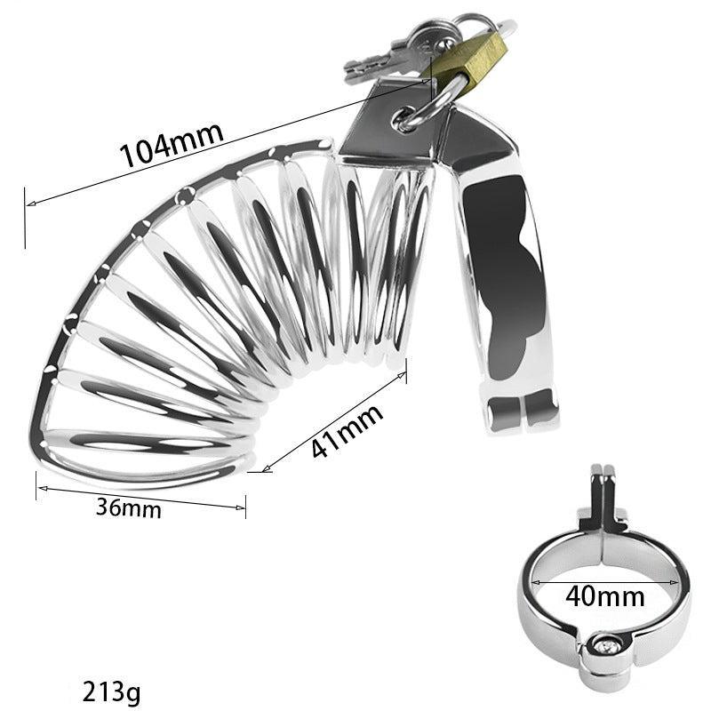 Chastity cage with size details and padlock