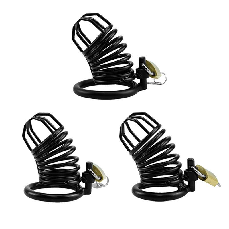 Set of three black metal chastity cages with padlocks