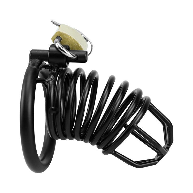 Side view of black metal chastity cage with padlock