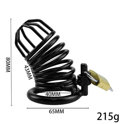 Black metal chastity cage with padlock, 215g, 65mm length