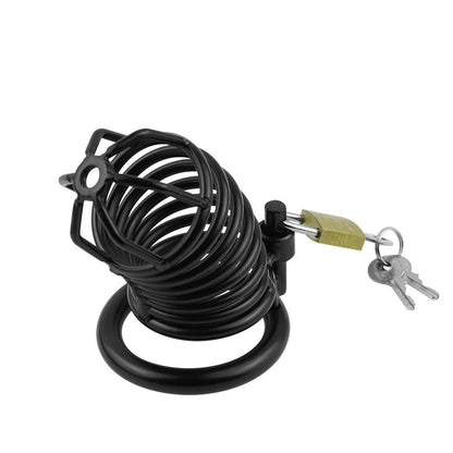 Black BDSM chastity cage with padlock and keys