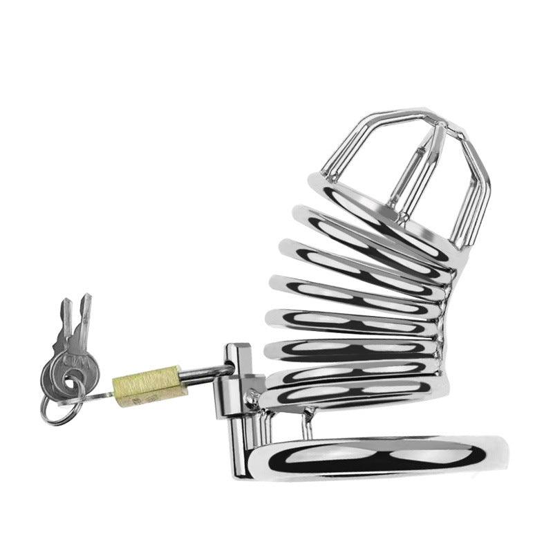 Metal chastity cage with padlock and keys, side view