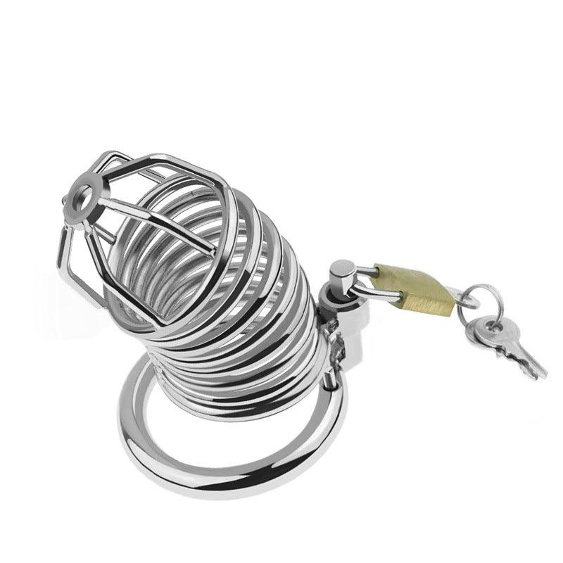 Metal chastity cage with padlock, angled view