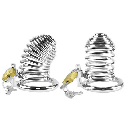 Two metal chastity cages with padlocks, front view