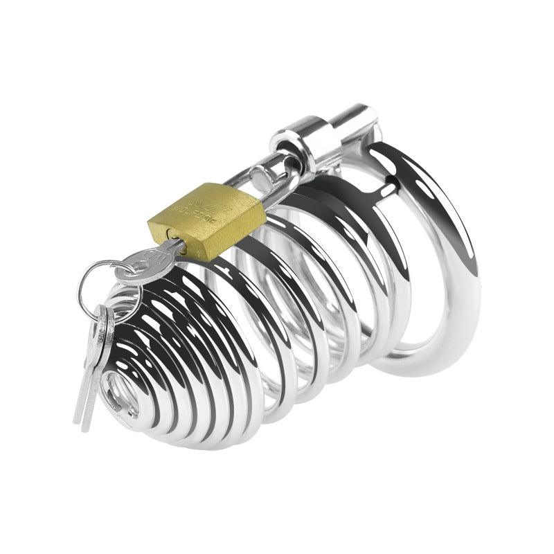 Metal chastity cage with padlock and keys, angled view