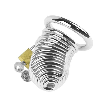 Metal chastity cage with padlock, angled view