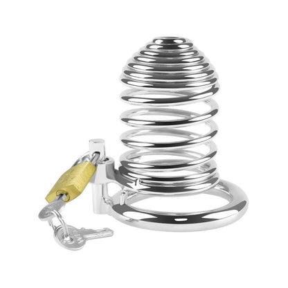 Metal chastity cage with padlock, front view