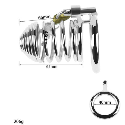 Metal chastity cage with dimensions, side view