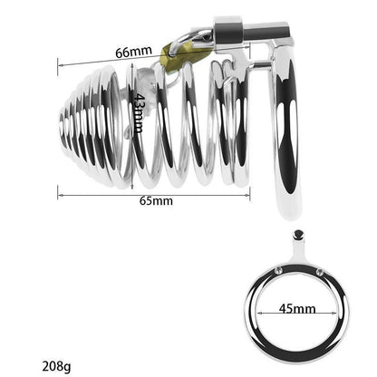 Metal chastity cage with dimensions, side view