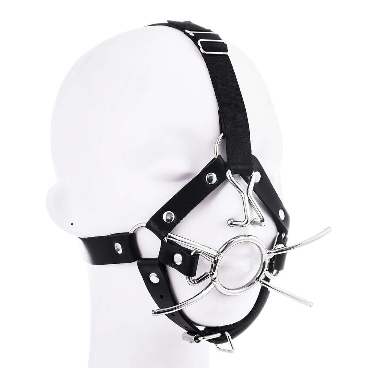 Mouth gag with nose hook harness for intense BDSM play, featuring a head strap for secure restraint and domination.