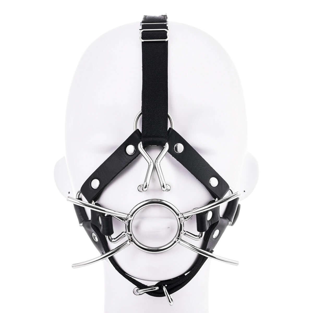 Mouth Gag with Nose Hook Harness for intense BDSM play, featuring sturdy straps and metal hooks for ultimate restraint.