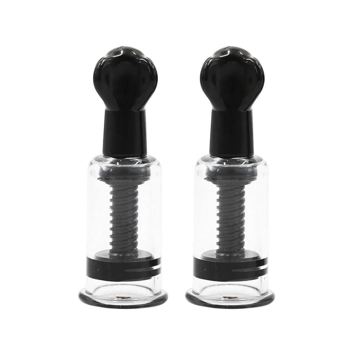 Black silicone nipple puller pair with twist knob for intense suction and heightened sensitivity. Versatile for use on any body part.