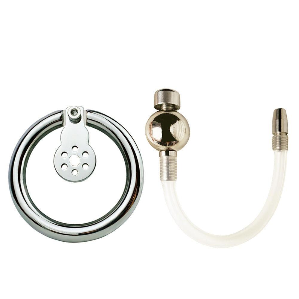 Disassembled inverted chastity cage and catheter