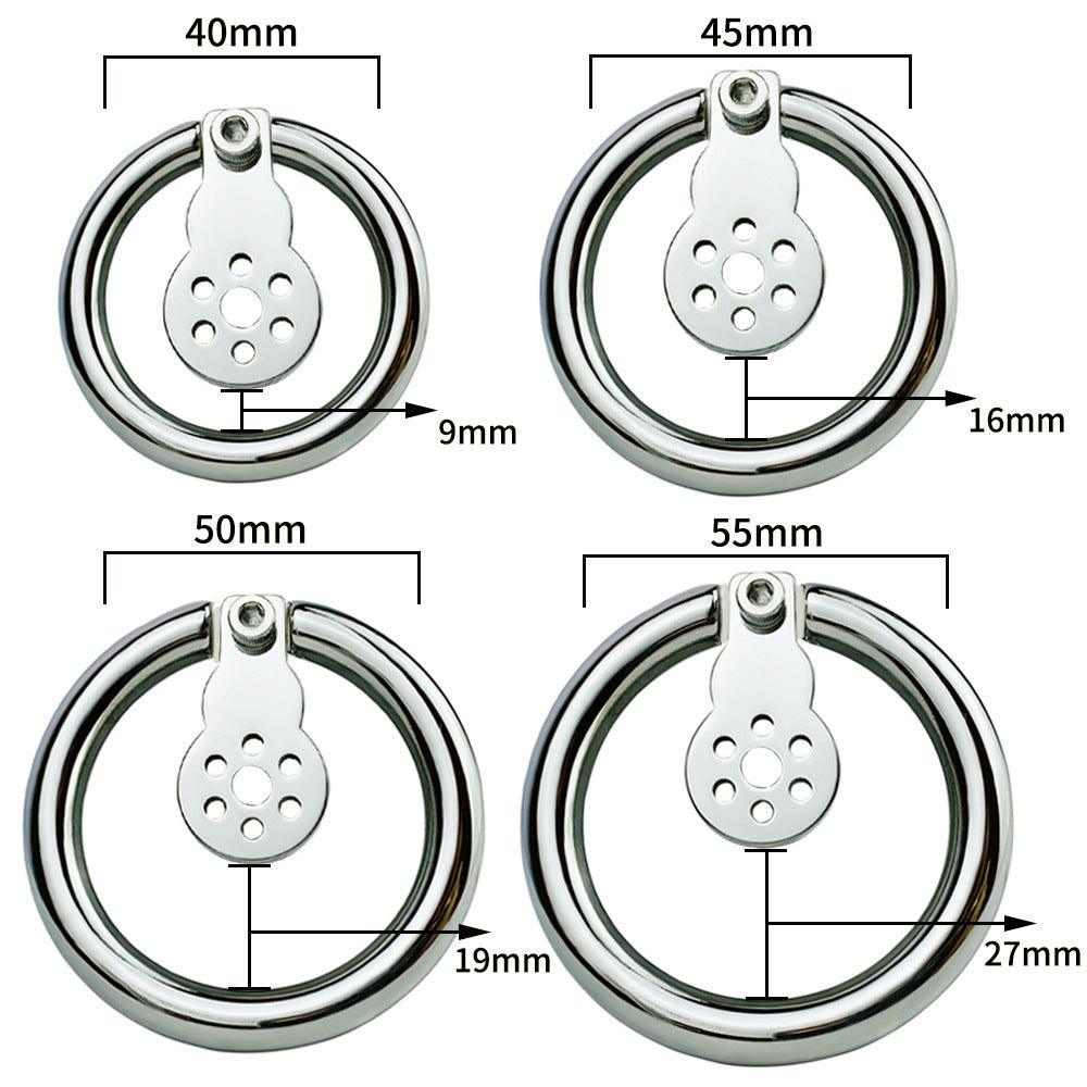 Four sizes of inverted chastity cages with dimensions