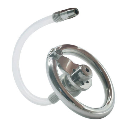 Close-up of chastity cage with silicone catheter