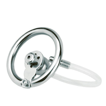 Angled view of inverted chastity cage with catheter